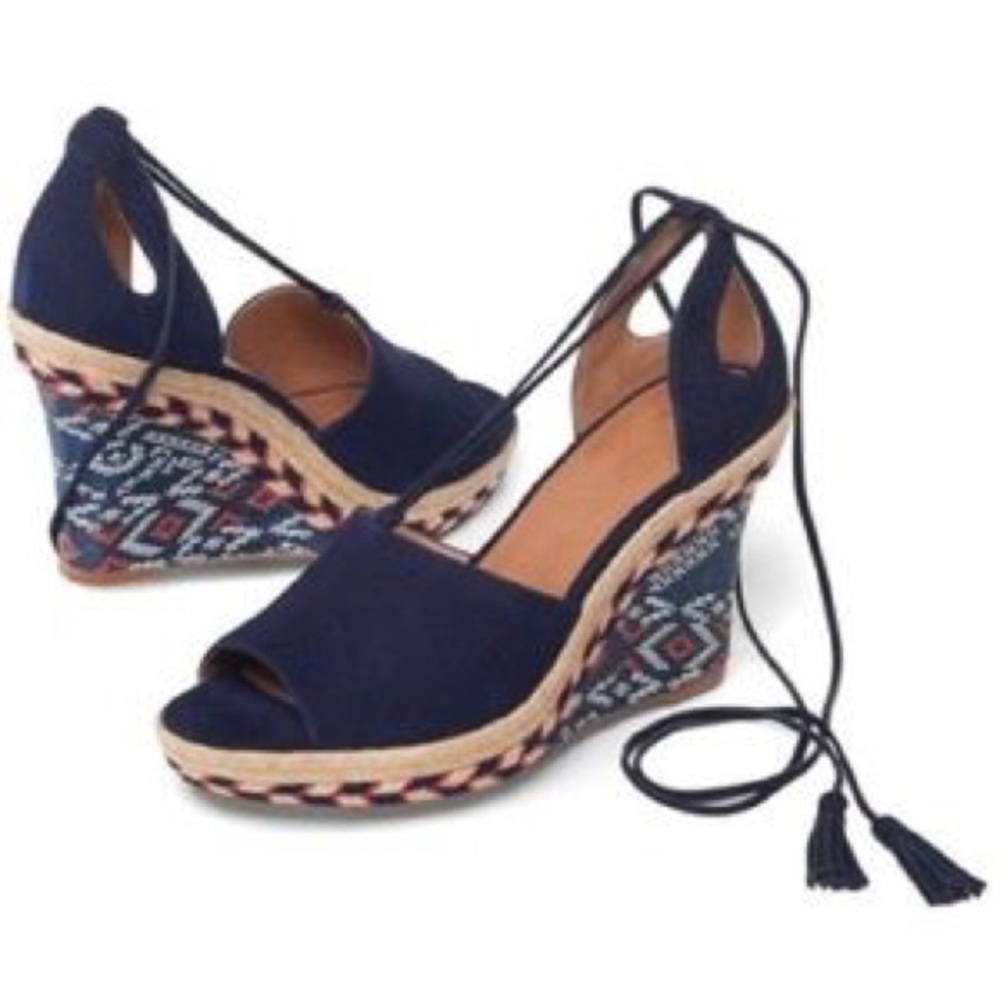 CAbi Navy Espadrille Wedge Sandals with Patterned Heel